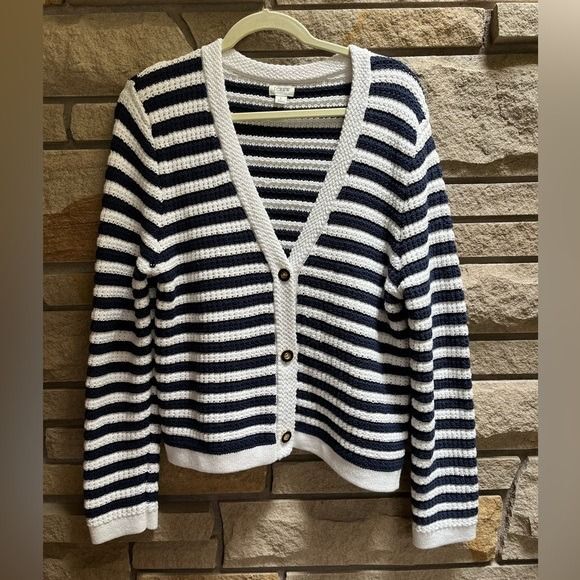J.CREW Striped knit V-neck cardigan sweater Cotton Blue White Large coastal - Picture 3 of 10